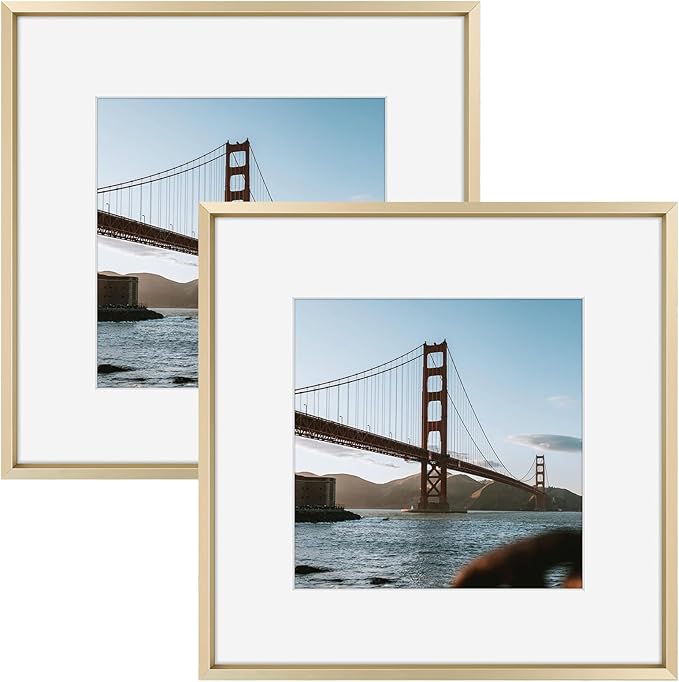 Frametory, 12x12 Metal Picture Frame with Mat for 8x8 Picture & Real Glass, Aluminum Photo Frame Collection (Gold, 2 Pack)