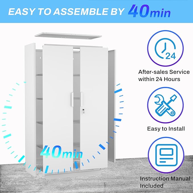 Metal Garage Storage Cabinet with Lock, 71" Tall Steel Storage Locker with 4 Adjustable Shelves, Heavy Duty Metal Cabinet for Garage, Office, Home, 31.5”W × 16.5”D, White