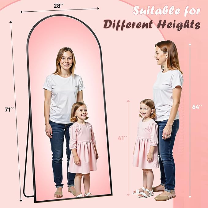 Full Length Mirror, 71" x 28" Arched Full Body Mirror Large Standing Floor Mirrors, Mirrors for Bedroom, Bathroom, Living Room Standing or Wall Leaning, Black