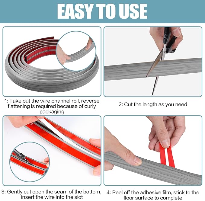 Floor Cord Cover Self Adhesive Cord Hider,10FT Cable Management, Extension Strip Protector for Wires, Prevent Cable Trips for Offices, Gyms, Exhibitions Cavity:0.51"(W) x 0.3"(H) Gray Wood