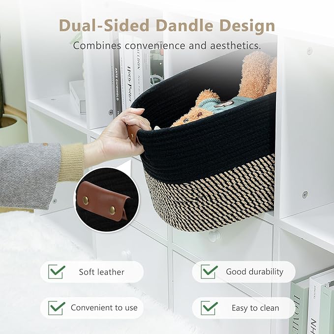 Cotton Rope Basket, Storage Baskets with Handle, 15x10x9 Inch Woven Basket for Shelves, Laundry, Towels, Clothes, Books, (Black Brown 2 Pack)