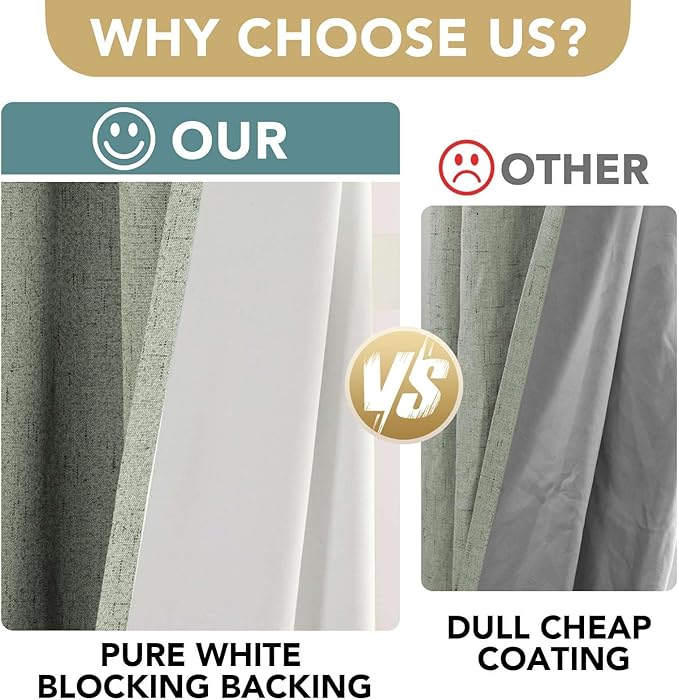 H.VERSAILTEX Primitive Linen Curtains 100% Blackout Curtain Drapes Burlap Fabric Curtains with White Thermal Insulated Liner, Grommet Top Drapes Living Room/Bedroom (2 Panels, 42 x 45 Inch, Sage)