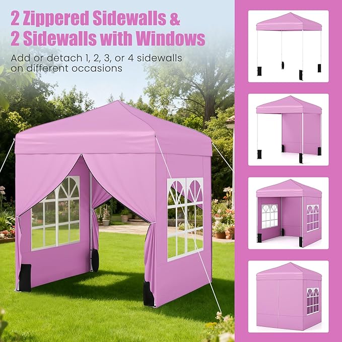 Tangkula 6.5x6.5 FT Pop Up Canopy, UPF50+ Outdoor Canopy Tent with 2 Removable Sidewalls, 2 Zippered Doors, Heavy-Duty Carbon Steel Frame, Wheeled Bag, 4 Sandbags, 8 Stakes, 4 Wind Ropes (Pink)