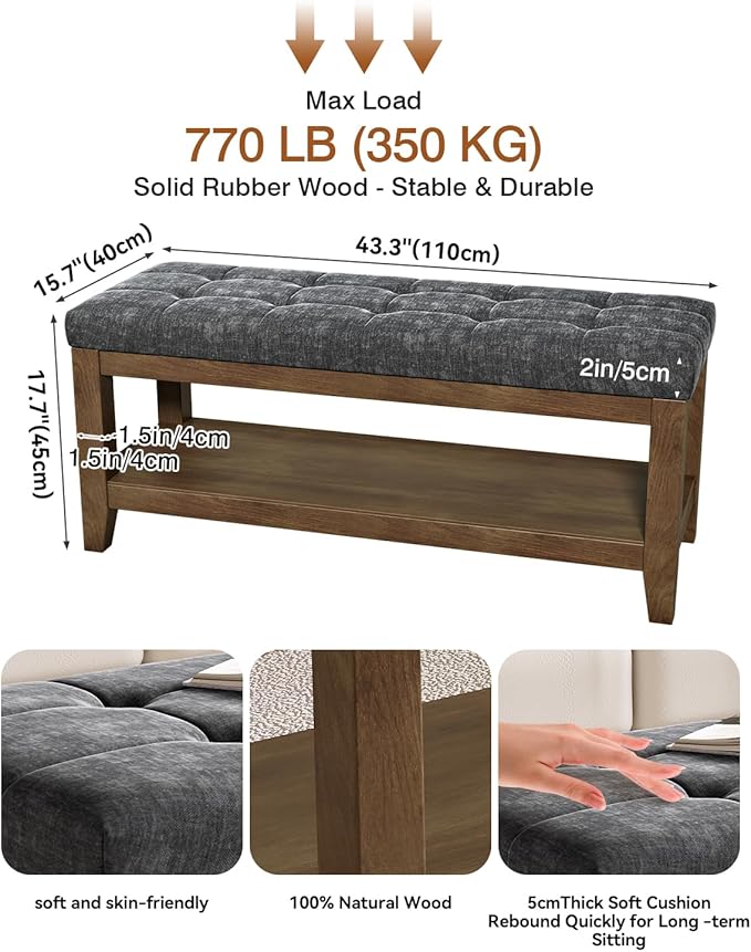 Solid Rubber Wood Shoe Bench, Soft Chenille Material Upholstered Seat, 770LB Load Capacity, Multi-Storage for Entryway/Bedroom/Living Room, Vintage Style, 43.3"x15.7"x17.7", Dark Gray,UASND65G