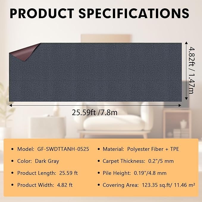Marine Carpet,5 FT x 25 FT Dark Gray Indoor Outdoor Carpet 0.2" Thick Boat Carpet with Water-Proof TPE Backing, Non-Slide Outdoor Marine Carpet Roll for Home, Patio, Porch, Deck