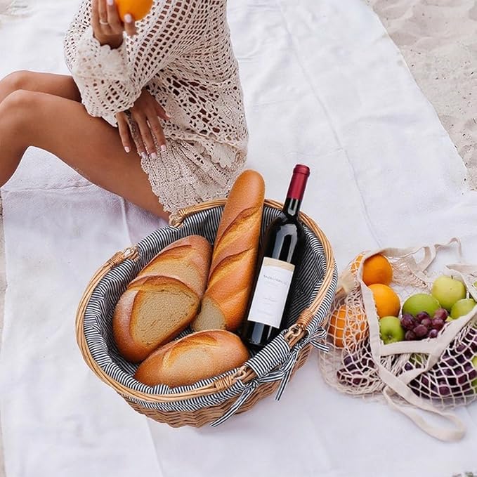 Large Wicker Picnic Basket with Handles,Handle Sturdy Woven Body with Removable and Washable Lining,Outdoor Camping,Gift Packing,Garden Picking, Storage.Gray