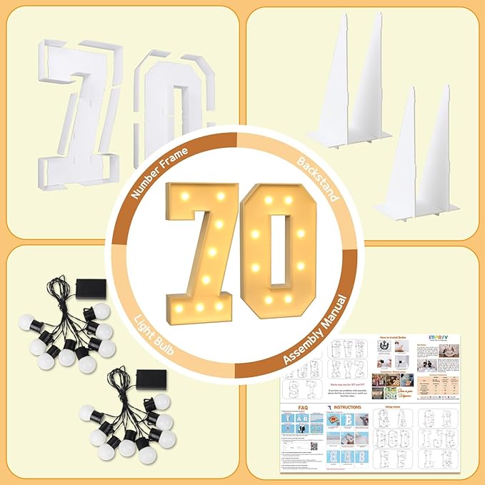 imprsv 3FT Marquee Light Up Numbers, Marquee Numbers 70th Birthday Decorations for Women Men, Large Light Up 70 Birthday Women Foam Board Anniversary Party Decorations Arch Kit (DIY)