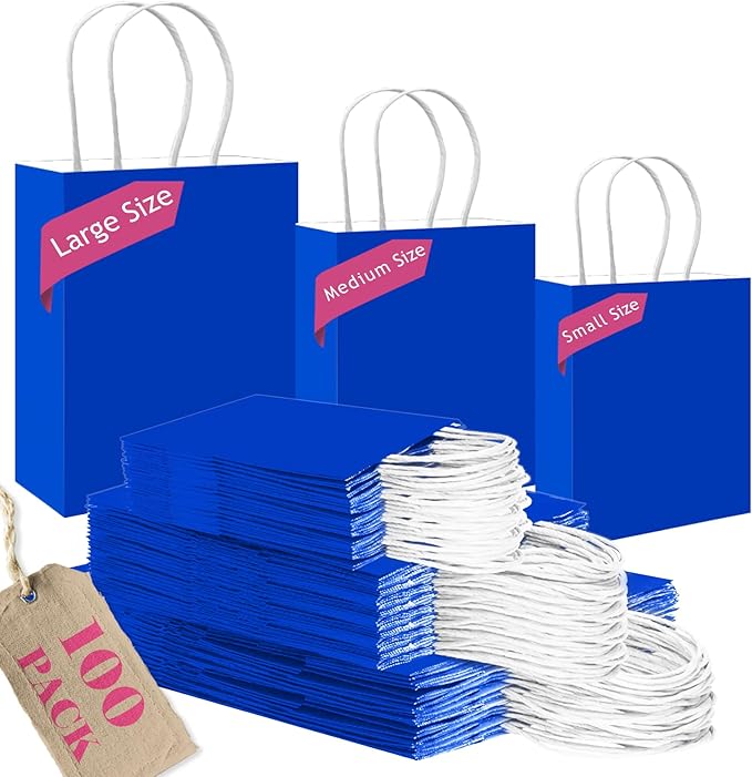qiqee 100PCS Gift Bag with Handles Bulk Diamond Blue Paper Bags Assorted Sizes(33pcs Large 13",33pcs Medium 11",34pcs Small 8")