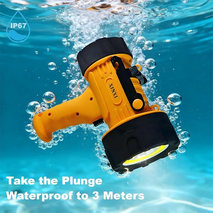 XINXI Rechargeable Spotlight 1,000,000 Lumens with COB Floodlight, IP67 Waterproof Spotlight Flashlight, Long Runtime Handheld Spot Light with Red Filter,Outdoor Spot Light for Hunting,Fishing(Yellow)