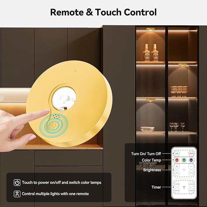 Yiliaw Rechargeable Puck Lights with Remote, 12 Pack Magnetic Under Cabinet Lighting, 1500mAh Battery Operated LED Tap Lights with Dimmer & Timmer for Kitchen, Closet, Shelf - 3 Color Temps, Gold