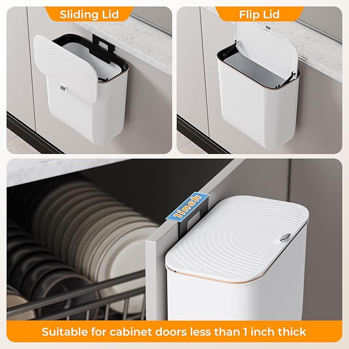 2.4 Gallon Hanging Trash Can - Small Under Sink Trash Can with Lid, Wall Mounted Garbage Bin for Kitchen & Bathroom Cupboard, Odor-Control, Extended Clamping Ring, White