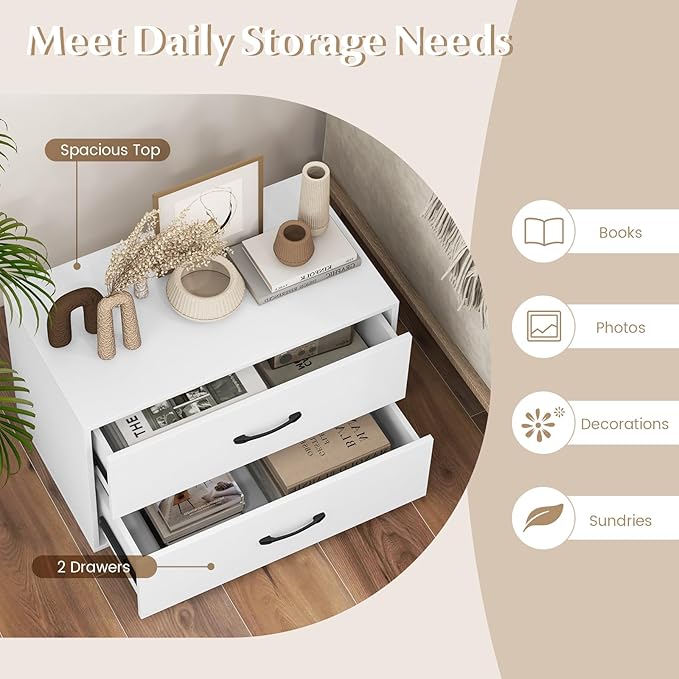 GOFLAME Stackable 2-Drawer Dresser Set of 2, Wood Horizontal Storage Organizer with Metal Handle & Smooth Sliders, Lateral File Cabinet with Anti-tilt Kit for Bedroom Office, White