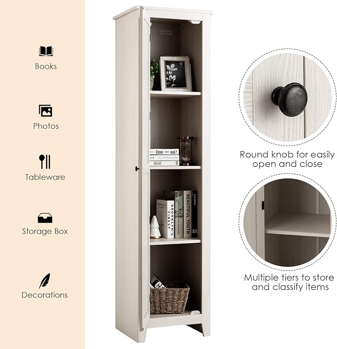 Giantex Tall Storage Cabinet Freestanding Floor Storage Tower with Four Shelves and Single Door, 17x16x72 Inch, Narrow Utility Cabinet for Living Room, Bathroom (Grayish White)