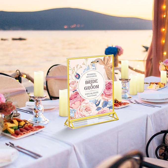 Acrylic Sign Holder 8.5 x 11, 12 Pack Double Sided Flyer Holder, Table Menu Holder Display Stand for Wedding, Party, Gold Picture Frame Stand up Table Top Menu Holder