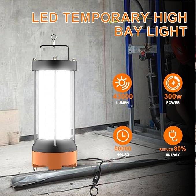 300W Temporary LED Work Light 43000Lm 5000K Daylight White Temporary Construction Lighting IPX8 Waterproof with Temp Lighting High-Brightness Job Site Lighting