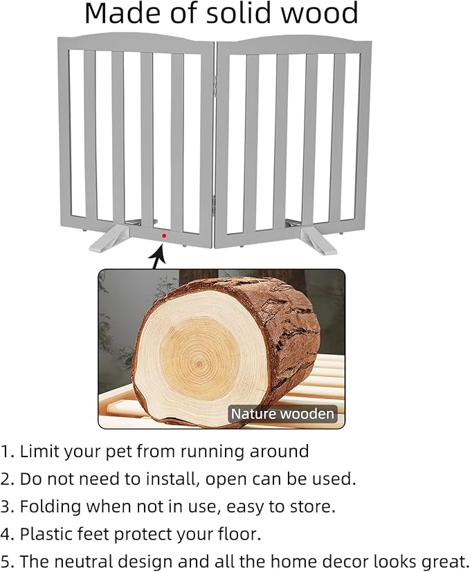 Freestanding Dog Gate Indoor,Doggie Gate Foldable Pet Gates for Doorways,Stairs or Hallways, Wooden Grey Pet Gate for The House, Pet Fence with Support Feet Included,32 "Height-2 Panels