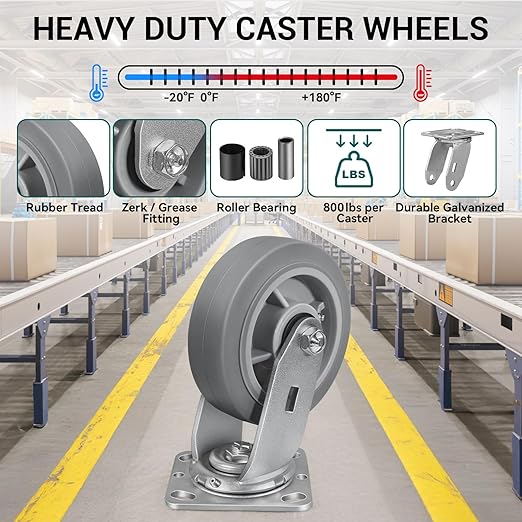 6'' × 2'' Caster Wheel, Heavy Duty Industrial Caster, Rubber Wheels with Roller Bearing, Load 900lbs per Swivel Casters for Cart Dolly Toolbox Trolley (1 Swivel)