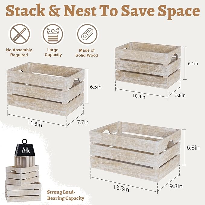 Set of 3 Wood Nesting Storage Crates with Handle(Large,Medium,Small), Farmhouse Decorative Wooden Crates for Display, Rustic Wood Baskets for Home Organization Decor (Washedwhite)