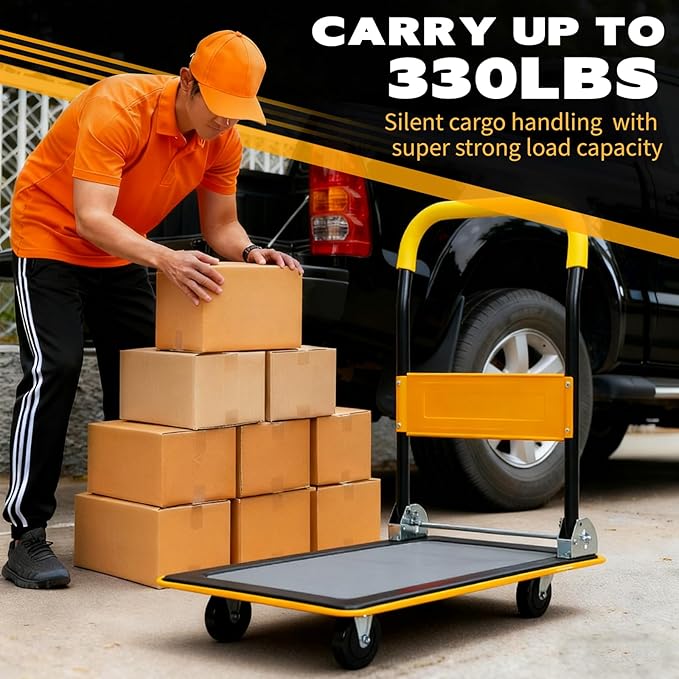 Yellow Folding Platform Hand Truck 330 lbs Capacity, Heavy Duty Flatbed Cart with 360° Swivel Silent Wheels, Non-Slip Steel Dolly for Warehouse, Office, or Home – Foldable Design