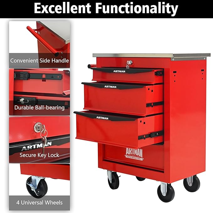 4 Drawer Rolling Tool Chest with Locker, 22.2" D Metal Movable Lockable Tool Cart Box Multi-Functional Hardware Storage Cabinet Box for Warehouse Basement Home Pantry Garage