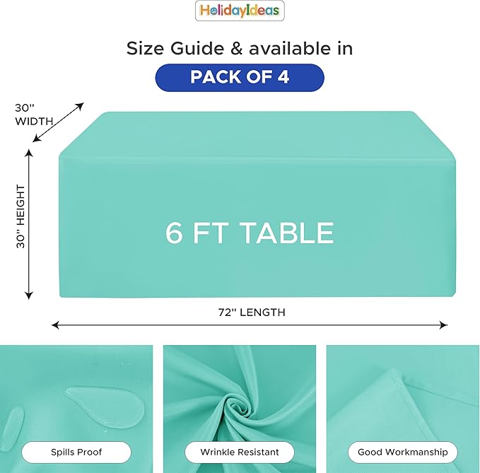 HolidayIdeas Fitted Tablecloths for 6 Foot Rectangle Table, Full Coverage Table Covers 30x72 Inch for Vendor Booth Display, Banquet, Trade Show, Aqua, 4 Pcs