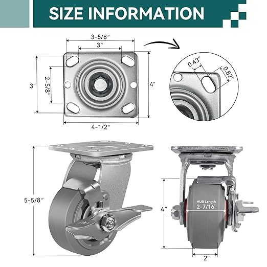 4'' × 2'' Caster Wheel, Heavy Duty Industrial Caster, Rubber Wheels with Roller Bearing, Load 600lbs per Swivel Casters for Cart Dolly Toolbox Trolley (1 Brake)