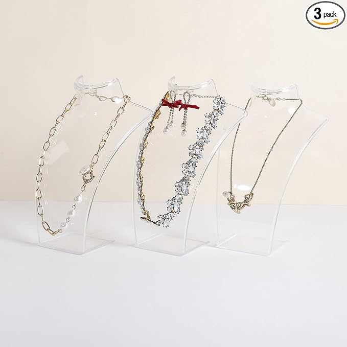 GemeShou Acrylic Jewelry Necklace Bust and Earring Display Stand, Transparent Necklace holder for selling, Clear 3D Jewelry Mannequin Holder 【Acrylic bust- set of 3】