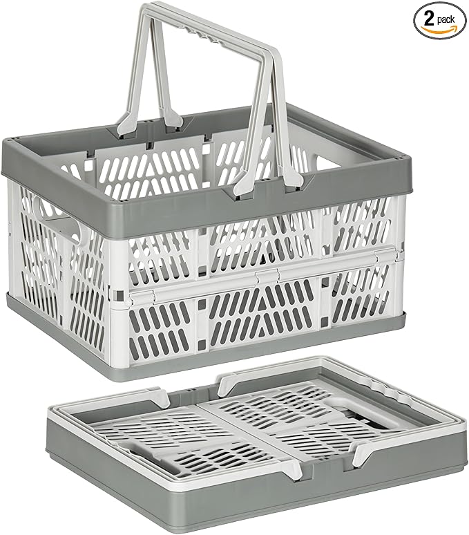 Heavy Duty Plastic Milk Crates for Storage, 2-Pack Stackable Storage Bins for Organizing, Collapsible Shopping Basket with Handle for Groceries, Suitable for Home Office School Store, Gray