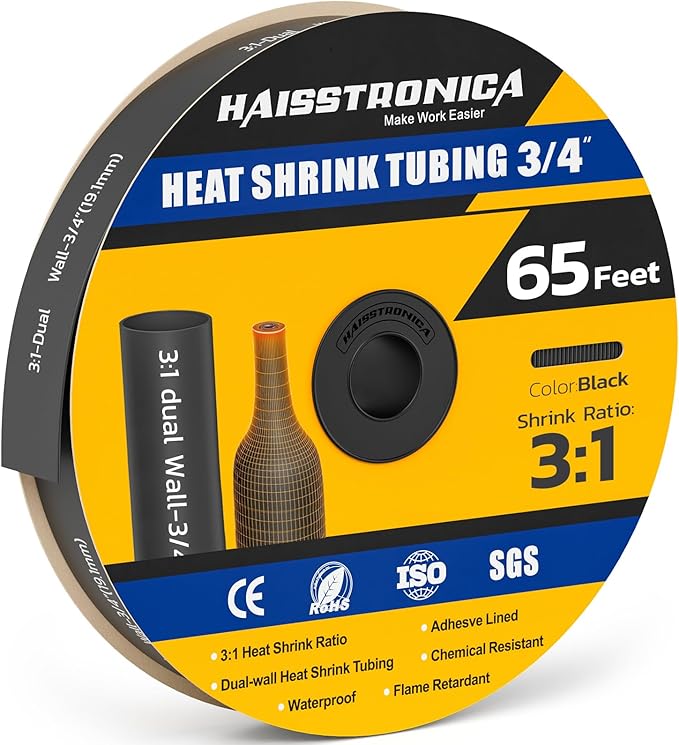 haisstronica 3:1 Heat Shrink Tubing, Shrink Ratio Adhesive Lined Marine Grade Heat Shrink Tube for Home, Automotive and Industrial (Black) 65FT 3/4inch