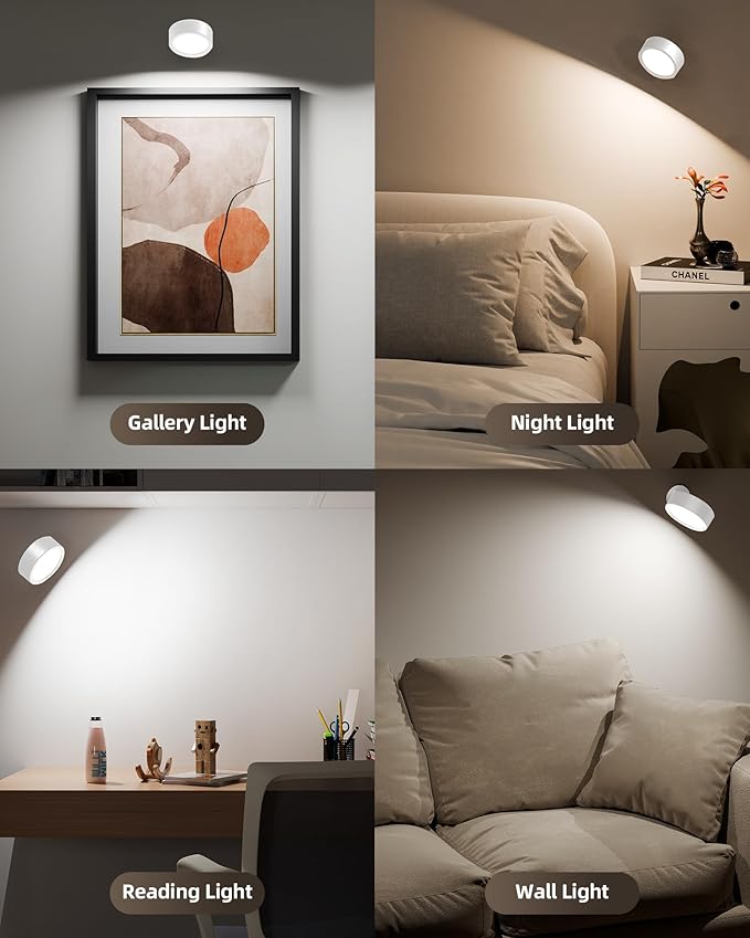 EZVALO LED Wall Mounted Lights, 5500mAh Rechargeable Wall Sconces Lamp, 3 Color Temps & Remote and Touch Control, 360°Rotation Dimmable Cordless Wall Light for Bedroom (3 Pack White)