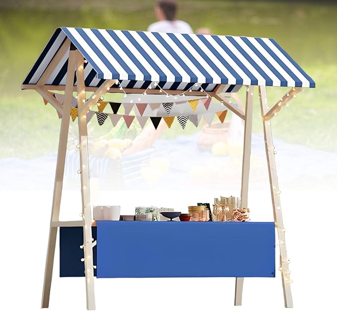 Collapsible Mobile Market Stall Carts Vendor on Wheels, Wood Outdoor Vendor Cart, Easy to Assemble for Parties, Birthdays, Weddings, Bar(Blue2,150cm/59in)