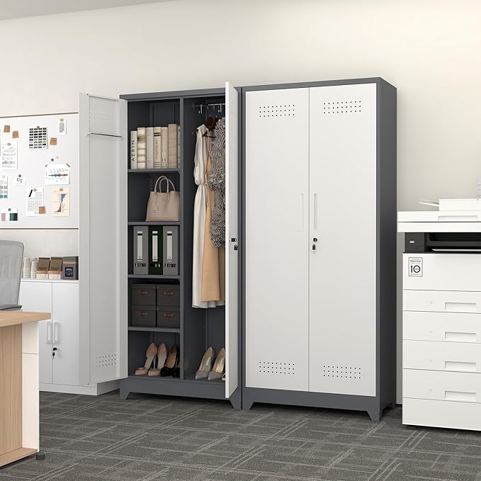 LUCYPAL Broom Storage Cabinet with Locking Doors and Shelves,Broom Closet Storage Cabinet with Hanging Rod and Hooks,Metal Garage Cabinets for Kitchen,Bathroom,Office 72.8" H White&Grey