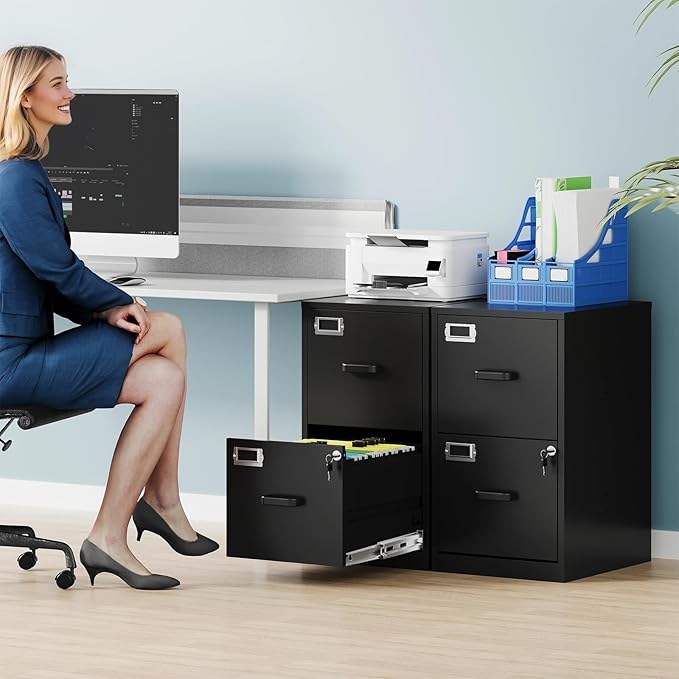 2 Drawer File Cabinet with Lock, Metal Filing Cabinets for Home Office, Vertical Black Small Caninet for Home Office, Steel Narrow Two Drawer File Cabnet for Letter/File Box- Assembly Required