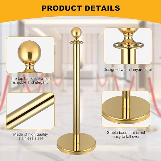 4Pack Stanchions and Velvet Ropes, 5 ft Red Velvet Rope and Poles, Red Carpet Ropes and Poles Set, Gold Stainless Steel Stanchion Posts Red Carpet Runner Poles for Party Supplies
