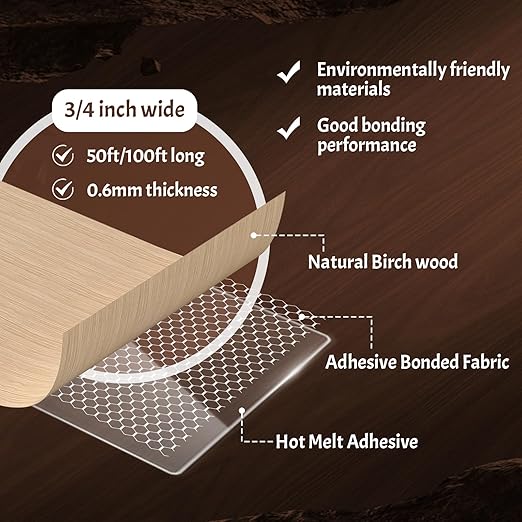 Birch Veneer Edge Banding, 3/4 Inch x 50Ft Pre-Glued Flexible Plywood Edge Banding Tape Real Wood Iron on Veneer Edging Tape with Hot Melt Adhesive Wood Trim for Furniture Panels Restoration