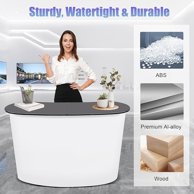 Portable Trade Show Podium Table Display Exhibition Counter with Streamlined Design Foldable Promotion Retail Bar Table for Hotels, Shops, Shopping Malls, Halls