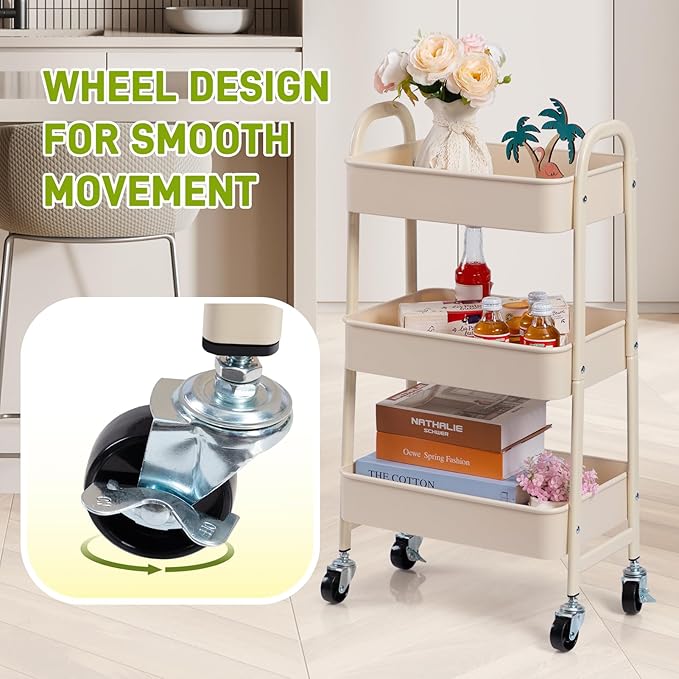 AGTEK 3-Tier Rolling Carts with Wheels, Rolling Utility Cart with Iron Frame for Kitchen, Plastic Shelves, Living Room, Office, Beige