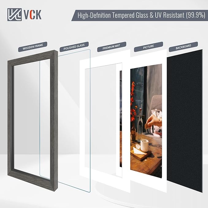 VCK 16x20 Picture Frame 5 Pack - Grey, High-End Wood Poster Frames with Tempered Glass, Display 11x14 Photo with Mat or 16x20 without Mat, Art Gallery-Quality, Wall Hanging, Grey