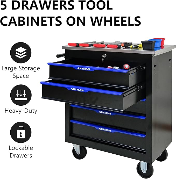 5 Drawer Rolling Tool Chest with Locker, 25.9" D Metal Movable Lockable Tool Cart Box Multi-Functional Hardware Storage Cabinet Box for Warehouse Basement Home Pantry Garage