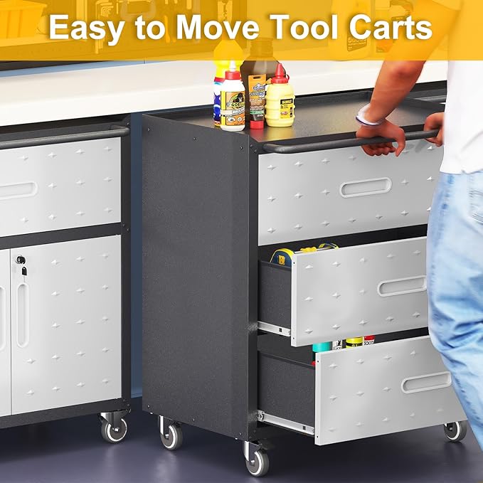 3 Drawers Metal Tool Storage Cabinet with Wheels, Rolling Tool Chest on Locking Wheels & Handle, Garage Cabinet, Heavy Duty Tool Cart, Mobile Steel Locker for Home,Workshop, Black & Grey