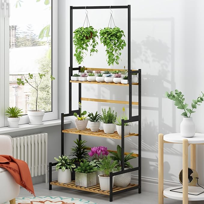 Ufine Bamboo Hanging Plant Stand 3 Tier Ladder Shelf with Hanging Rod Height Adjustable Flower Pot Display Organizer for Balcony Porch Living Room