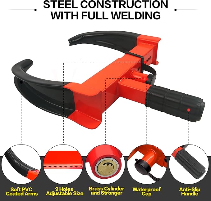 KAYCENTOP Wheel Clamp Lock Tire Lock Anti Theft Lock Fit Most Vehicles Max 11" Tire Width and 7" Reach for Trailers SUV Boats ATVs Motorcycles Golf Cart Great Deterrent Bright Red/Black, 3 Keys