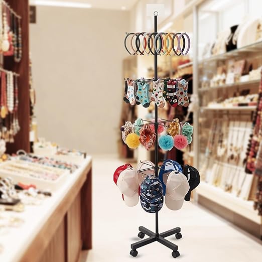 Ripeng 1 Pcs 4‑Tier Retail Display Stand – Rotating Display Rack with Wheels for Jewelry Keychains Socks Hats – Adjustable Movable Shop Spinner for Craft Shows Vendor Events & Stores Accessories,Black