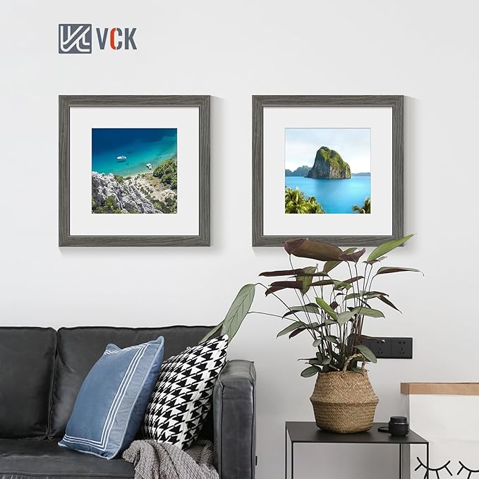 VCK 12x12 Picture Frame 2 Pack - Grey, High-End Wood Poster Frames with Tempered Glass, Display 8x8 Photo with Mat or 12x12 without Mat, Art Gallery-Quality, Wall Hanging, Grey