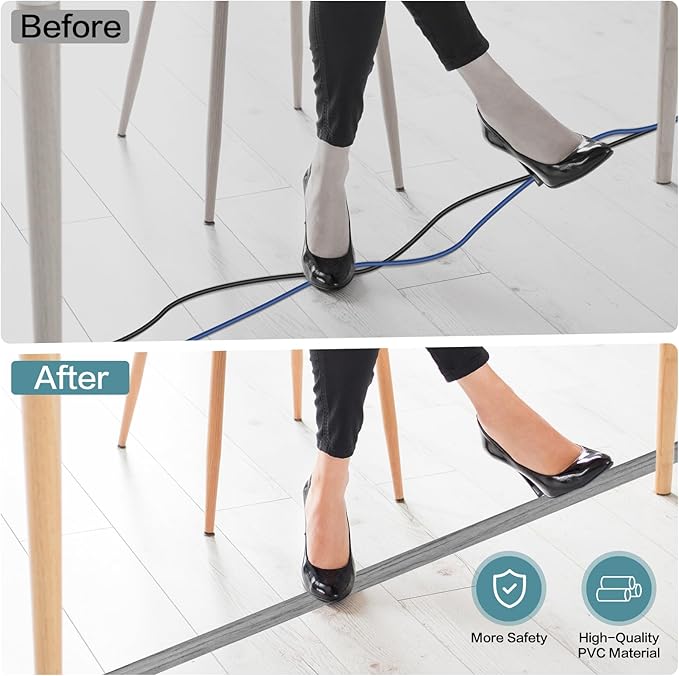 Floor Cord Cover Self Adhesive Cord Hider Floor Extension Cord Covers for Floor Power Cord Protector Cable Management Prevent Cable Trips Cable Cavity 0.59" W x 0.31" H (Light Grey Wood, 3.3Ft)