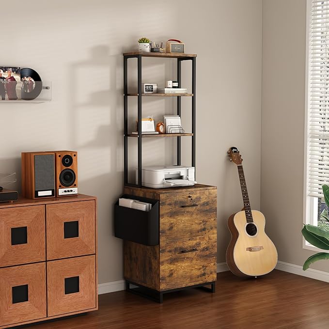 Locking Double Drawer File Cabinet with 4-Tier Display Shelf & Storage Bag, Vintage Rustic Brown Printer Stand for Home Office