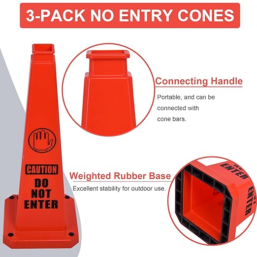 OrangeStar 3-Pack 28" Do Not Enter Cones, Large 4-Sided No Entry Message Safety Cones with Heavy Rubber Base for Indoor Outdoor Use, Traffic Control, Security, Warehouse Safety