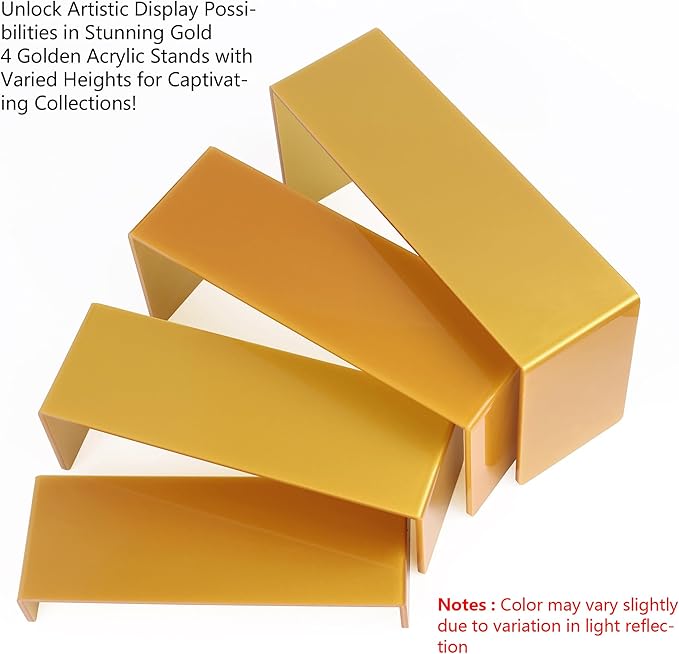 ELEGANTLIFE Acrylic Display Riser,4.3mm Heavy Duty Crystal Display Stand Shelf Layered Aesthetic, Jewelry Display Shelf Risers for Décor,4 Pack Set Multi-color (Gold)