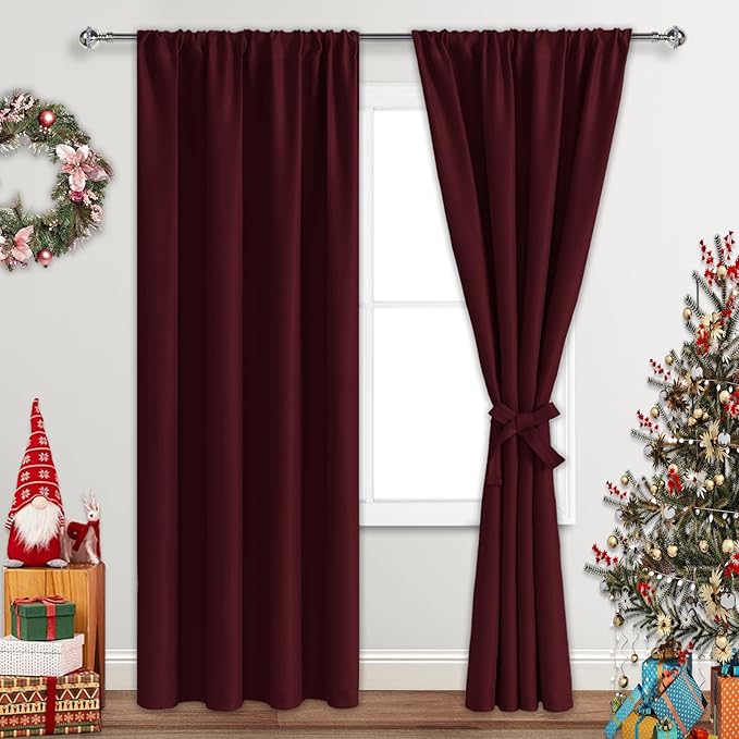 JIUZHEN Christmas Blackout Curtains for Bedroom - Thermal Insulated Room Darkening Rod Pocket Curtains for Living Room, Set of 2 Panels with Tiebacks, 42 x 84 Inch Length, Burgundy