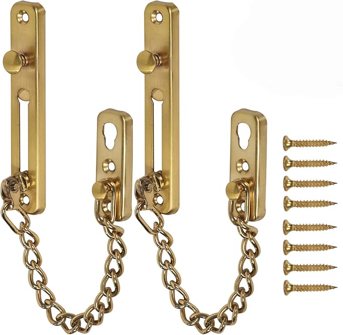 2 Pack Door Chain Lock, KINJOEK Stainless Steel Security Chain Guard with Spring Anti Theft Press Lock, Heavy Duty Polished Door Latch with Screws, Gold